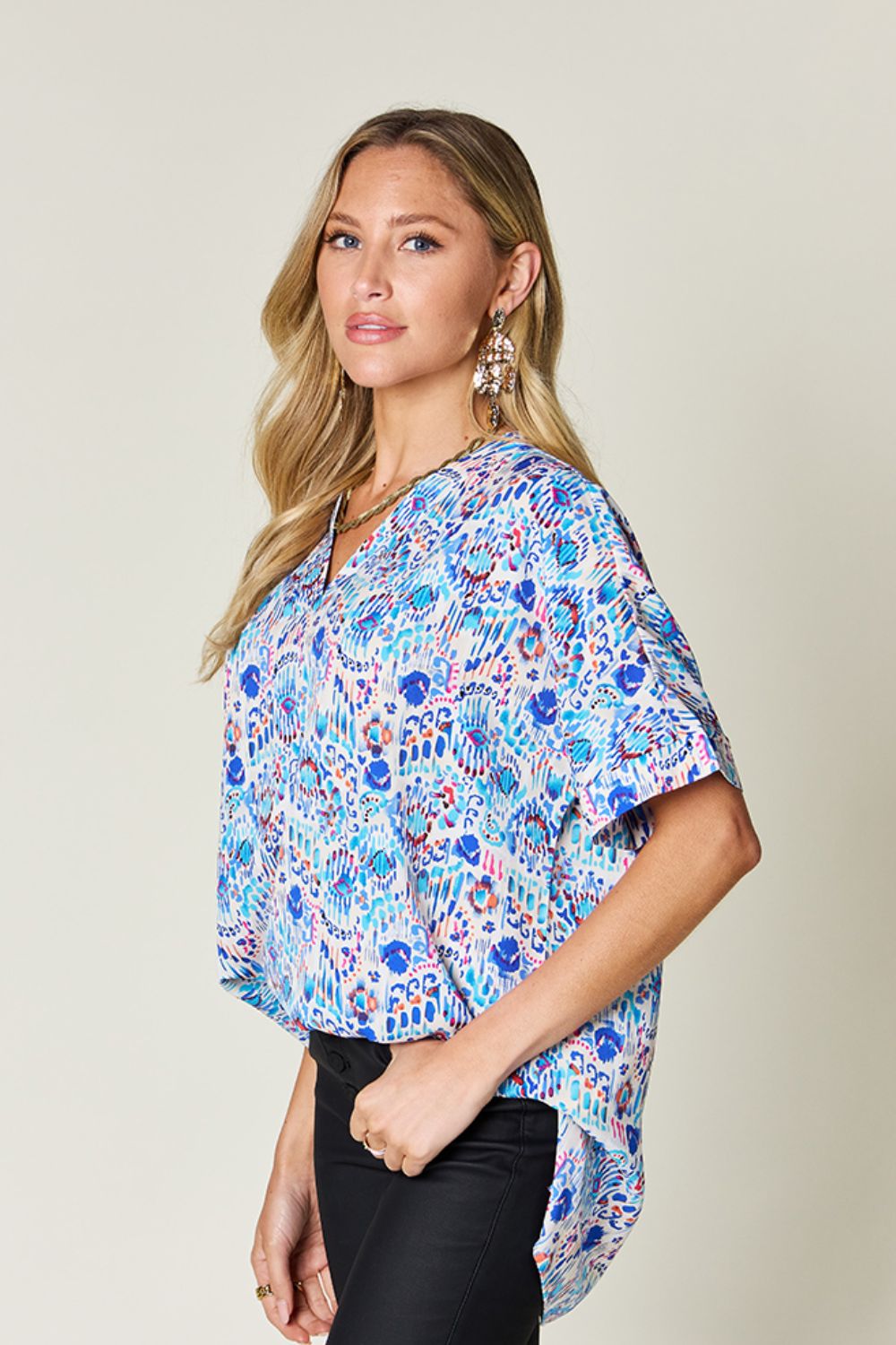Double Take Full Size Printed V-Neck Short Sleeve Blouse Double Take Full Size Printed V-Neck Short Sleeve Blouse
